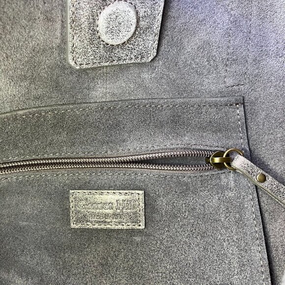 Garnet Hill Leather Tote Functional Pockets Suede Interior Shimmering Gray W L - Picture 9 of 12